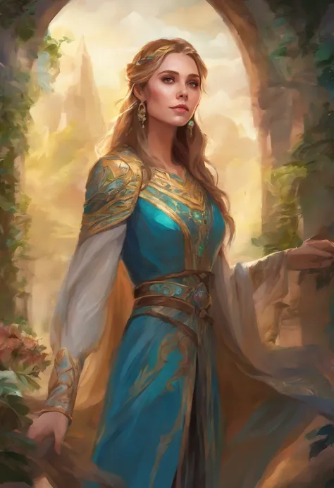 Elizabeth olsen como uma feiticeira rpg medieval,poderesa bruxa,com uma capa azul claro,e cabelos negros e ondulados e grandes,um vestido longo e olhos esmeralda