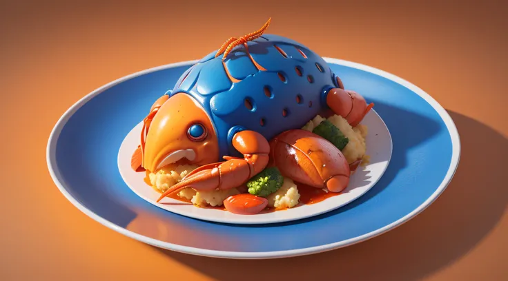 highly detailed 3D render orange lobster dish in a plate, high detailed textures, soft smooth textures, blue color gradient in background.