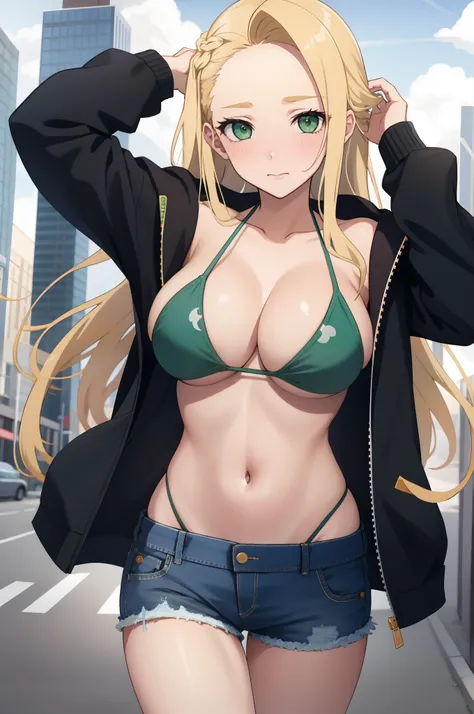 Girl, Long hair, blonde hair, forehead, dark green eyes, big breasts, embarrassed, closed mouth, hand on head, Bikini top only, denim shorts, jacket, City