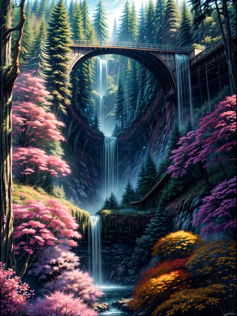 A beautiful biopunk waterfall in nature, colorful, flowers, pine trees, a suspended bridge, punk, beeple.