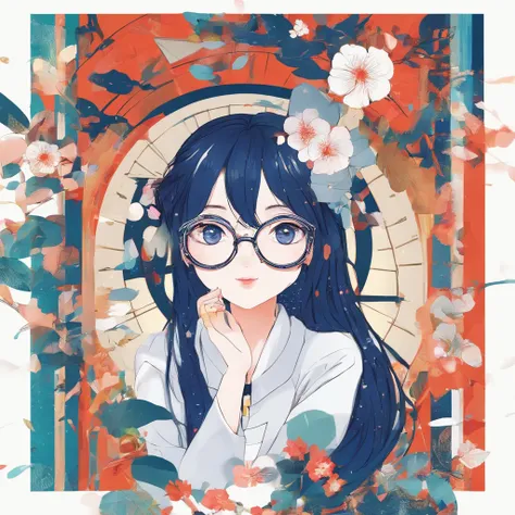 (beautiful scene:1.3) dark blue eyes, (very cute girl :1.1) round glasses, long dark blue hair, white skin, beautiful lips, small nose