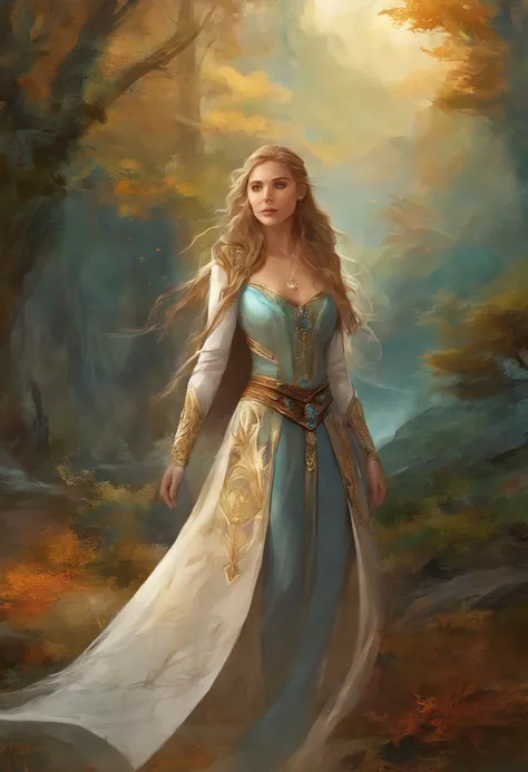 Elizabeth olsen como uma feiticeira rpg medieval,poderesa bruxa,com uma capa azul claro,e cabelos negros e ondulados e grandes,um vestido longo e olhos esmeralda. Dark mundo sombrio. Bruxa do mal.