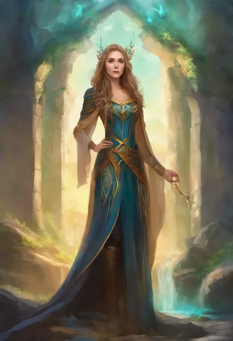 Elizabeth olsen como uma feiticeira rpg medieval,poderesa bruxa,com uma capa azul claro,e cabelos negros e ondulados e grandes,um vestido longo e olhos esmeralda. Dark mundo sombrio. Bruxa do mal.