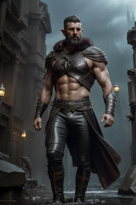 (professional 3d render:1.3) af (Realistic:1.3) most beautiful artwork photo in the world, Features soft and shiny male heroes, ((Epic hero fantasy muscle man rough wet hero angry look spiked hair short beard and ferocious expression in dynamic pose, Fanta...