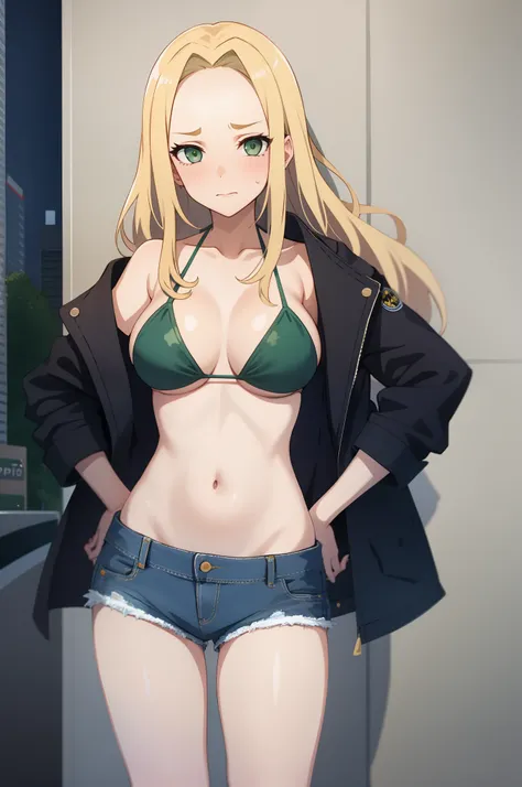 Girl, Long hair, blonde hair, forehead, dark green eyes, big breasts, embarrassed, closed mouth, hands on hips, Bikini top only, denim shorts, jacket, City