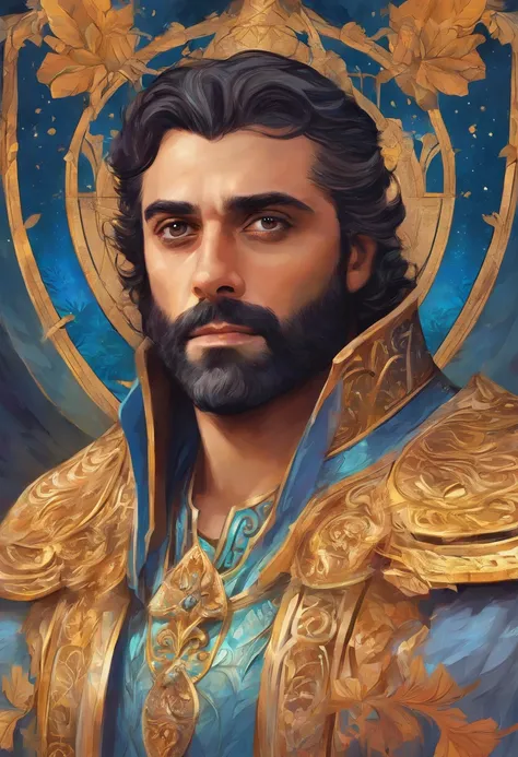 Oscar isaac,as a prince, vestindo roupas da realeza,coroa de prata com um cristal de turmalina. Olhos vidrados,uma capa real. Um manto de pelagem de lobo.