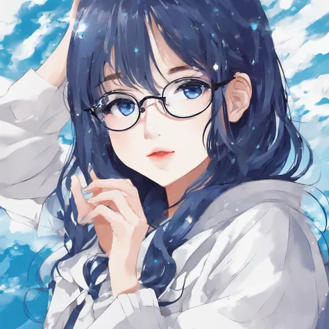 (beautiful scene:1.3) dark small blue eyes, (very cute girl :1.1) round glasses, long dark blue hair, white skin, beautiful lips, small nose