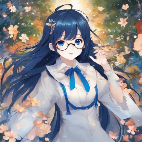 (beautiful scene:1.3) dark small blue eyes, (very cute girl :1.1) round glasses, long dark blue hair, white skin, beautiful lips, small nose