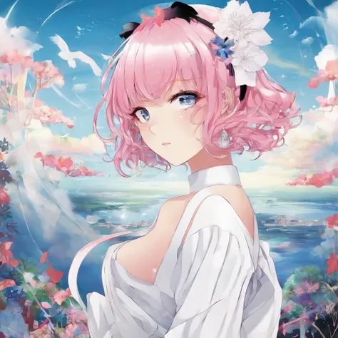 masterpiece, 1 girl, pink hair, red eyes, light blue hat, drop-shaped earrings, long white dress, small breast, average height, white skin color, black high heels