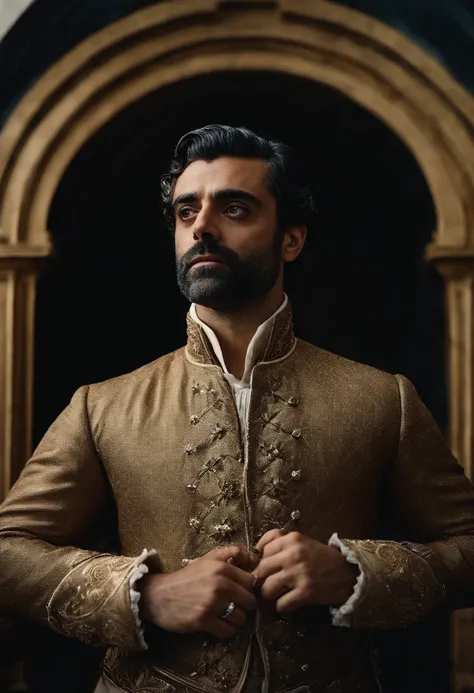 Oscar isaac,as a prince, vestindo roupas da realeza,coroa de prata com um cristal de turmalina. Olhos vidrados,uma capa real. Um manto de pelagem de lobo.