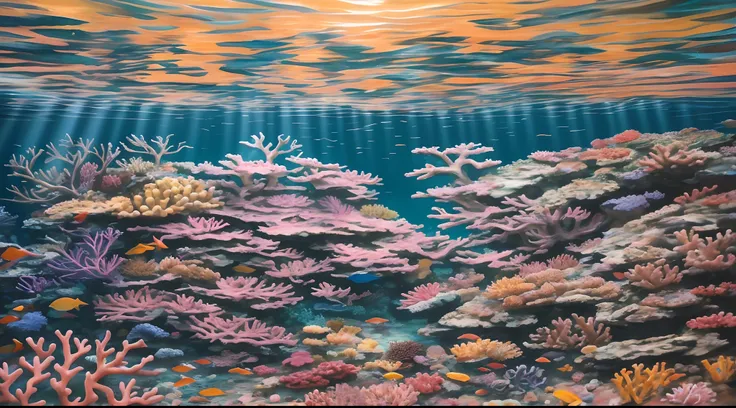 Draw a picture of a coral reef，Sunlight shines through the water, tropical reef, amazing depth, the reef, the reef, incredible depth, underwater landscape, coral sea bottom, The corals, Covered with coral, colorful coral reef, Underwater scene, highly deta...