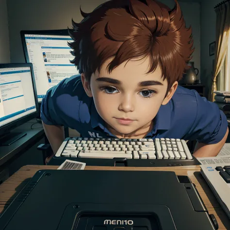 menino de 10 anos usando apenas um computador, cabelos castanhos, feliz