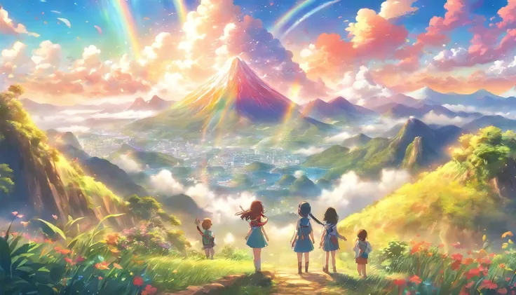 uma bela paisagem, cores vibrantes, luz solar brilhante, Rainbow, nuvens brancas fofas, prados verdes exuberantes, Rio Espumante, Majestic mountains with children receiving a brilliant magical invitation