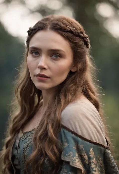 Elizabeth olsen como uma feiticeira rpg medieval,poderesa bruxa,com uma capa azul claro,e cabelos negros e ondulados e grandes,um vestido longo e olhos esmeralda. Dark mundo sombrio. Bruxa do mal.