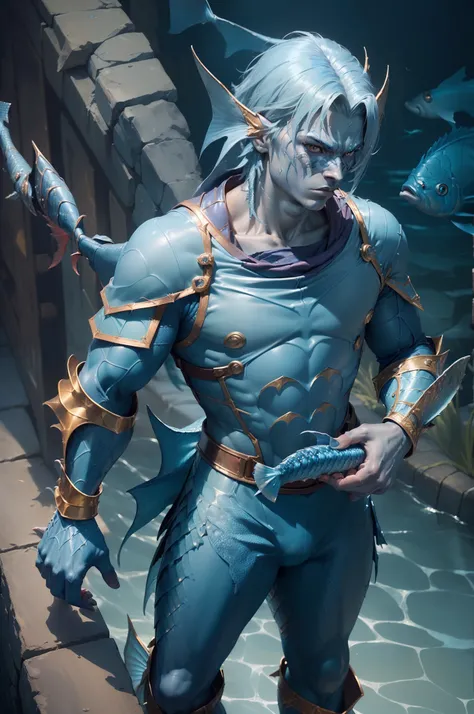 (superfine illustration, Best Quality, Ultra-detailed, Correct delineation, medieval fantasy), (fish-man, young duelist, male focus, solo, scale skin, protective blue skin, Perfect fingers, Perfect webbed hands, fish tail legs:1.5), feel uplifted, deep sea...