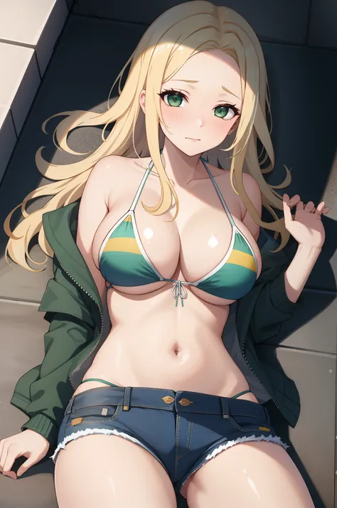 one girl, long hair, blonde hair, forehead, dark green eyes, big breasts, embarrassed, closed mouth, lying down, bikini top only, denim shorts, jacket, city