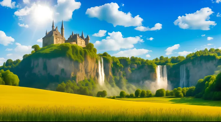 A medieval fantasy castle, a beautiful landscape with a waterfall. fields of ripe wheat and forests, a vibrant blue sky, white clouds