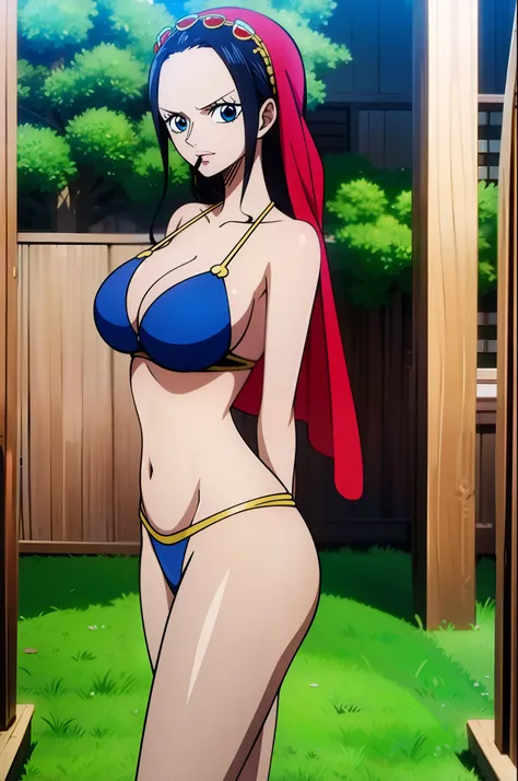 Robin de One Piece, sexy pose, What if , Elly, Red sari, 8k, anime, Shore, Big Boob, large ass, Looks sexy perfect quality eyes blue eyes standing blue bikini harem outfit, dancer, mouth veil, face veill, dancing, see-through,