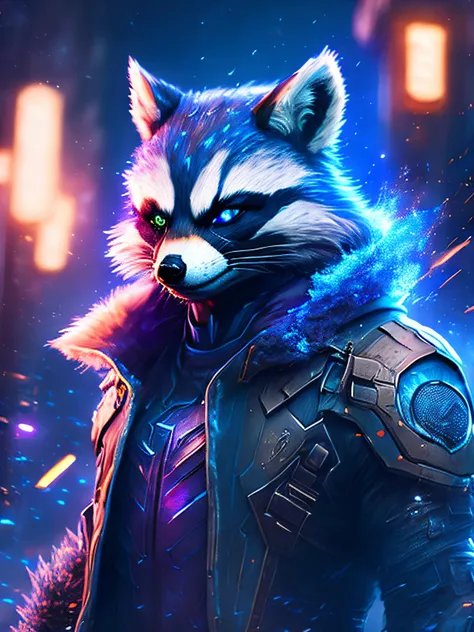 gloomy portrait of brave Rocket Raccoon from Marvel, extremely detailed, futuristic cityscape, nighttime, glowing neon lights, smoke, sparks, metal shavings, flying debris, blue energy effects, volumetric light