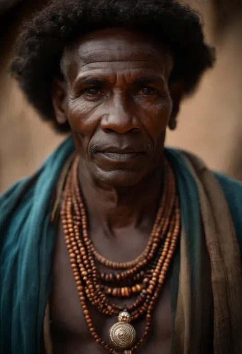 A closeup of a man with a brown seed necklace around his neck, Homem africano, indigenous man, foto do retrato de um homem velho, African facial features, ele tem cerca de 7 0 anos de idade, retrato impressionante, east african man with curly hair, Homem d...