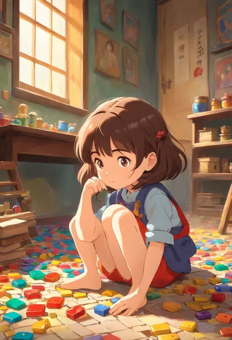 (best quality,ultra-detailed,photorealistic),a sad-looking 5-year-old brunette girl in an orphanage,playing with colorful pieces,illustration,textured background,vivid colors,soft lighting