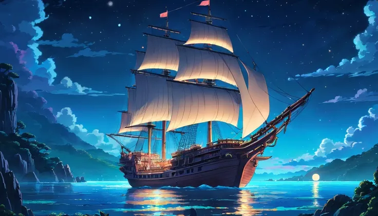 In the dark of night, a tall ship sails across moonlit seas, clouds, moon, and stars, creating a mesmerizing scene. The ship stands out with its vibrant neon lights, casting a colorful glow on the surrounding waters. The ships details are exquisitely rende...