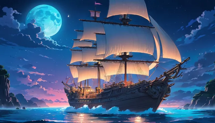 In the dark of night, a tall ship sails across moonlit seas, clouds, moon, and stars, creating a mesmerizing scene. The ship stands out with its vibrant neon lights, casting a colorful glow on the surrounding waters. The ships details are exquisitely rende...