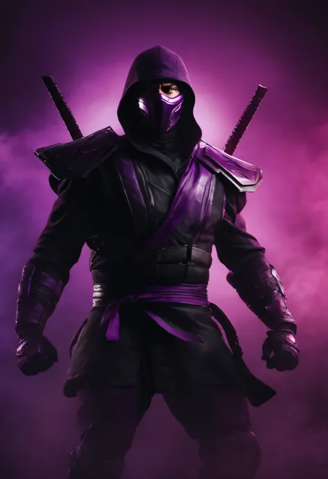 crie um ninja estilo mortal kombat com um capacete de moto roxo fechado com visor escuro. Appear the whole body in an action pose. Fazer mais de um modelo com o mesmo personagem.