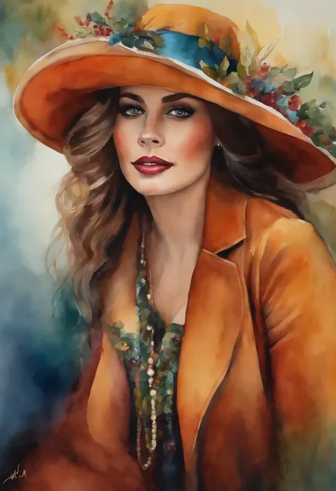 uma mulher de chapeu,loira em aquarela