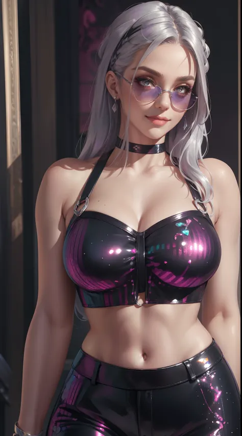 ((best quality, masterpiece)), detailed, realistic, 1woman, cool, fancy sleeveless floral print sexy sequin cropped top, stylish pants, choker, long stylish platinum silver hair, dark shades, smug smile