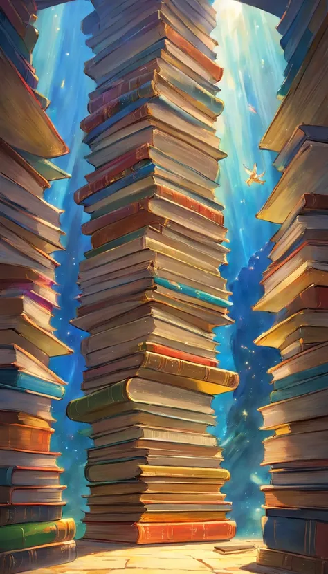 There is a painting of a stack of books, magical realism painting, science fantasy painting, artwork from the Borne Space Library, Infinite Celestial Library, inspired by Maxim Verehins Tomasz Alen Kopera, Tadeusz Pruszkówskis Library of Babel, Tadeusz Pru...