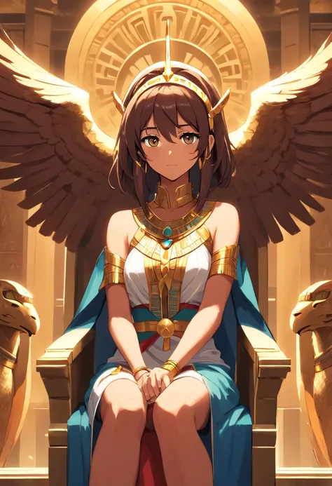 Create an image of the god Ra, falcon head, sitting on the throne, Egyptian god, powerful, inside a palace, golden throne and Egyptian robes. Brown skin color. With wings behind the throne., Illustration in anime format.