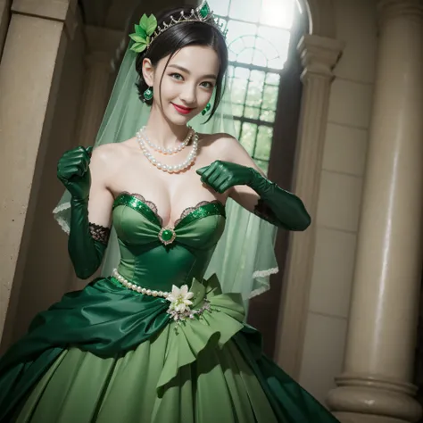 Boyish very short black hair, lipsticks, Japan woman smiling, Long green gloves made of satin material, emerald tiara, Pearl Necklace, verd s eyes, Green eyes, huge tit