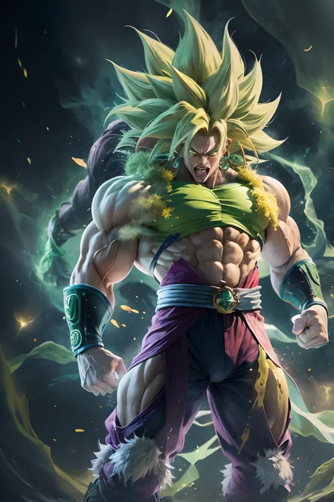 Broly Super Sayajin 4, alto contraste, nitidez Alta, Ultra Resolution, Background with polenta and galaxy, Defined muscles, rabo de macaco com pelagem verde florescente, Blooming Green Aura in Fighting Position