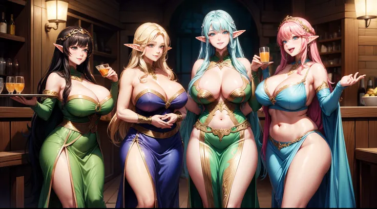 group of beautiful elven women, chubby bellies, visible midriffs, attractive, smiling, different colored hairs, smooth skin, seductive smiles, tavern, silk dresses