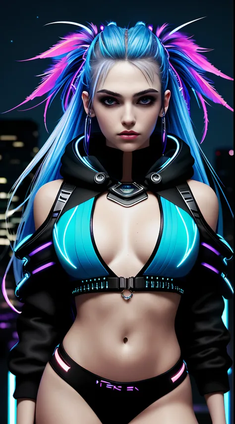 (masterpiece), best quality, ultra high res, girl, cyberpunk 1womam, stunning urban, hoodie, blue hair, neon color shooting stars, very long hair, off shoulder, feather hair ornament, neon colors, flashes, stunning night sky, cinematic lighting, photoreali...