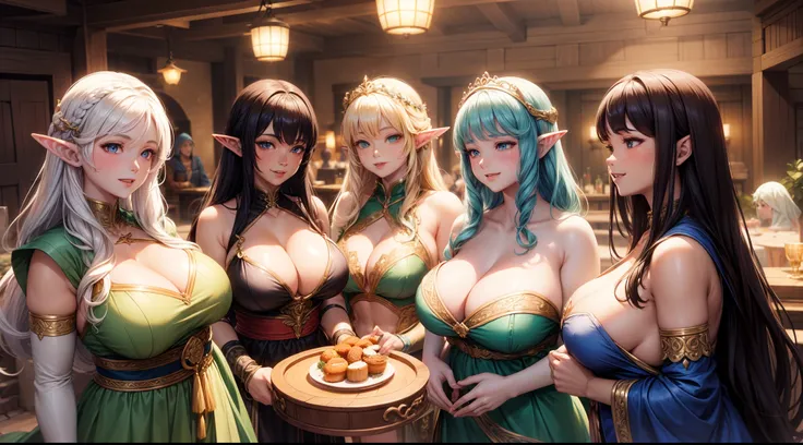 group of beautiful elven women, chubby bellies, visible midriffs, attractive, smiling, different colored hairs, smooth skin, seductive smiles, tavern, silk dresses