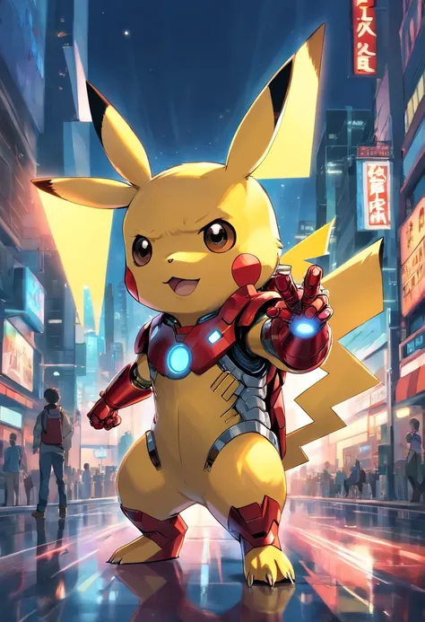 Highly detailed illustration of Pikachu in iconic Iron Man armor, Outstanding quality, dynamicposes, mischievous expression, Night view of the city, dramatic  lighting, Ultra-realistic drawing style