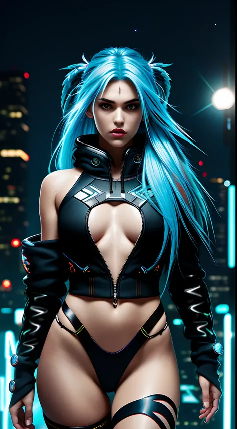 (masterpiece), best quality, ultra high res, girl, cyberpunk 1womam, stunning urban, hoodie, blue hair, neon color shooting stars, very long hair, off shoulder, feather hair ornament, neon colors, flashes, stunning night sky, cinematic lighting, photoreali...