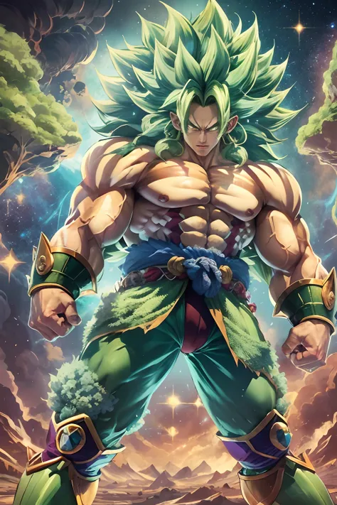 Broly Super Sayajin 4, Alto contraste, Alta nitidez, Ultra resolution, Background with planets and galaxies, Defined muscles, rabo de macaco com corpo coberto pelagem verde florescente, Blooming Green Aura in Fighting Position, Crisp face and ultra resolut...