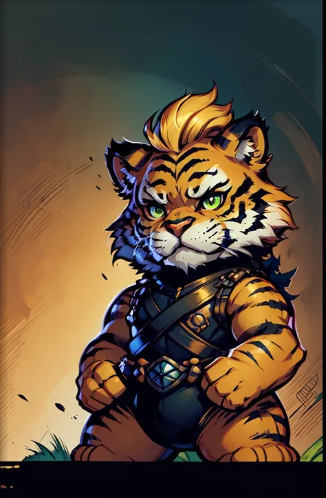 1young tiger, baby face tiger ,chibi, anthropomorphic, golden fur, big green eyes, warrior with armor and one sword, simple dark background