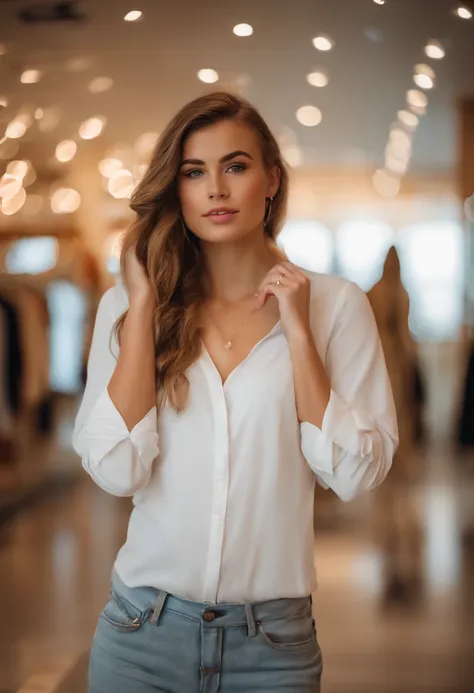 (Brooke Monk) person posing in a mall clothing store, best quality, 1girl, bokeh, (mall:1,4), ((wearing a white shirt)), gorgeous, , beautiful detailed sky, (dynamic pose:1), soft lighting, wind, ((portrait:1,4)),