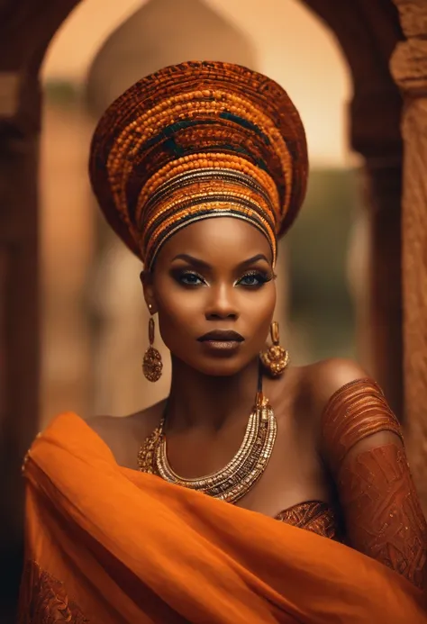 Beautiful African woman in the representation of the African goddess Iansã, vestida em laranja. lindos adornos dourados