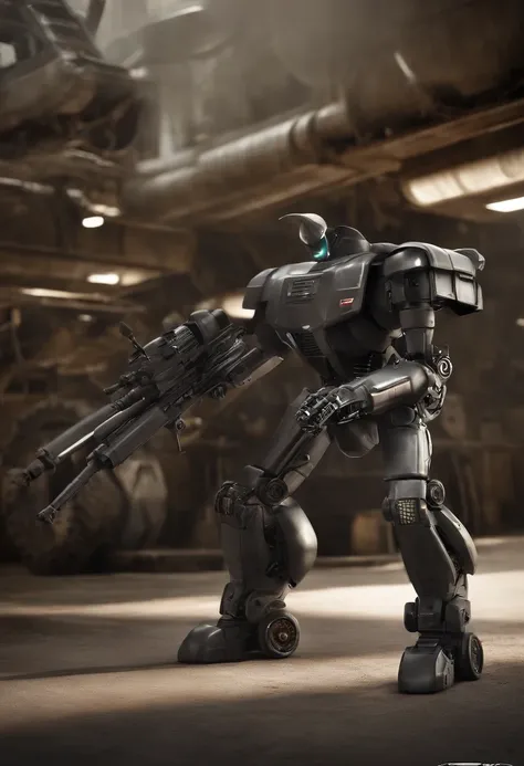 A robot the size of a man,  semelhante ao exterminador do futuro, olhos vermelhos, has a scorpion tail on its head, It has a metallic black and white color, holding a large machine gun with his right arm firing a volley ,It has tank wheels on the feet