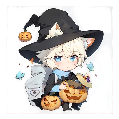 Anime - Style drawing of a boy dressed as a pumpkin witch, cat witch, in a halloween style, official fanart, 🍁 Cute, Trick or Treat, neferpitou, zerochan art, halloween art style, commission for high resolution, High-quality fanart, 🍂 Cute, Chibi Art, zero...