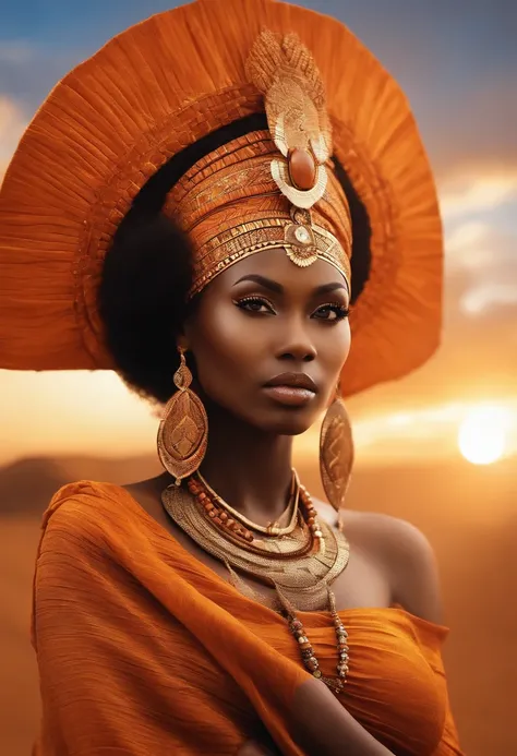 Beautiful African woman in the representation of the African goddess Iansã, vestida em laranja. lindos adornos dourados. estilo cgi, estilo mito, estilo fantasia, Mystical style