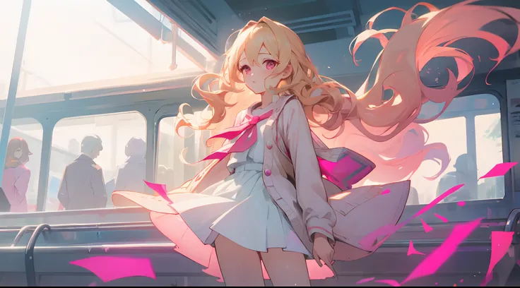 1 girl, blonde blue hair wavy, bright pink eyes, Two curls stick out of the mokush,  Pastel colors, white cardigan, upskirt, stands in the subway, A lot of people pass by, the wind