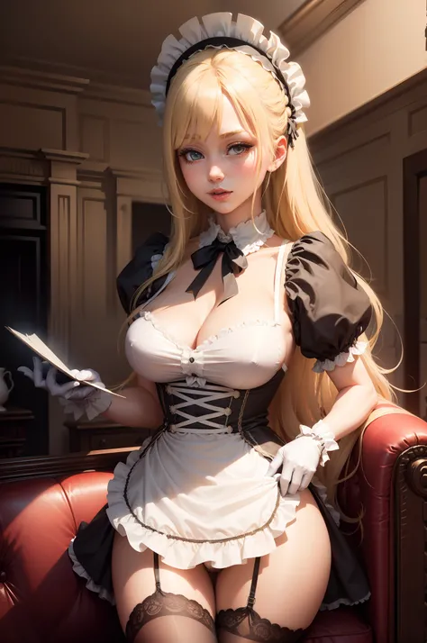 /draw apron blonde_hair breasts breasts_out couch dress female frills gloves highres koruse large_breasts long_hair looking_at_viewer lying maid maid_apron maid_headdress no_panties original solo thighhighs white_gloves