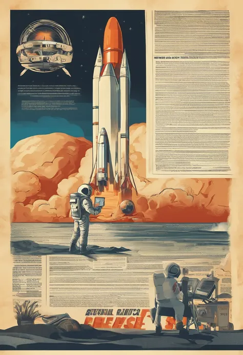 Newspaper cover with man astronaut giving press interview at rocket launch, local com pessoas, Reporter, helicopter, grande foguete decolando ao fundo, Astronaut with rocket in the background in a launch interview