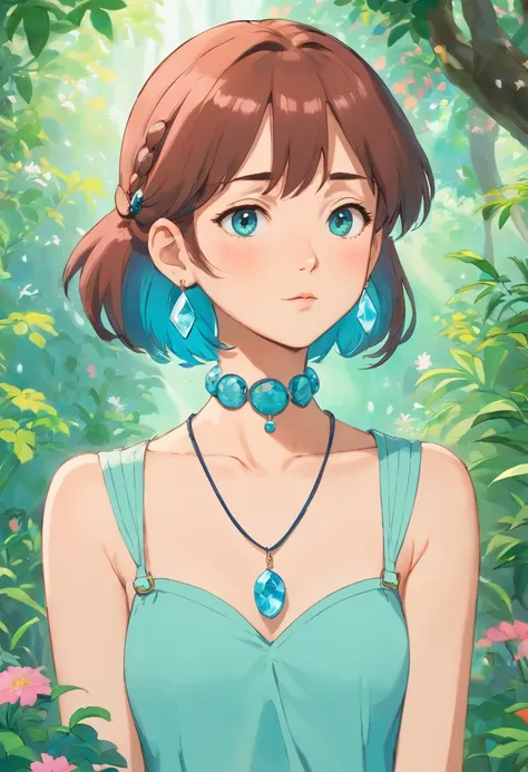 a girl wearing an anime collar, a long necklace and earrings, in the style of tranquil gardenscapes, colorful animation stills, masami teraoka, aquamarine, paul gauguin, Embry style, honest portrayal